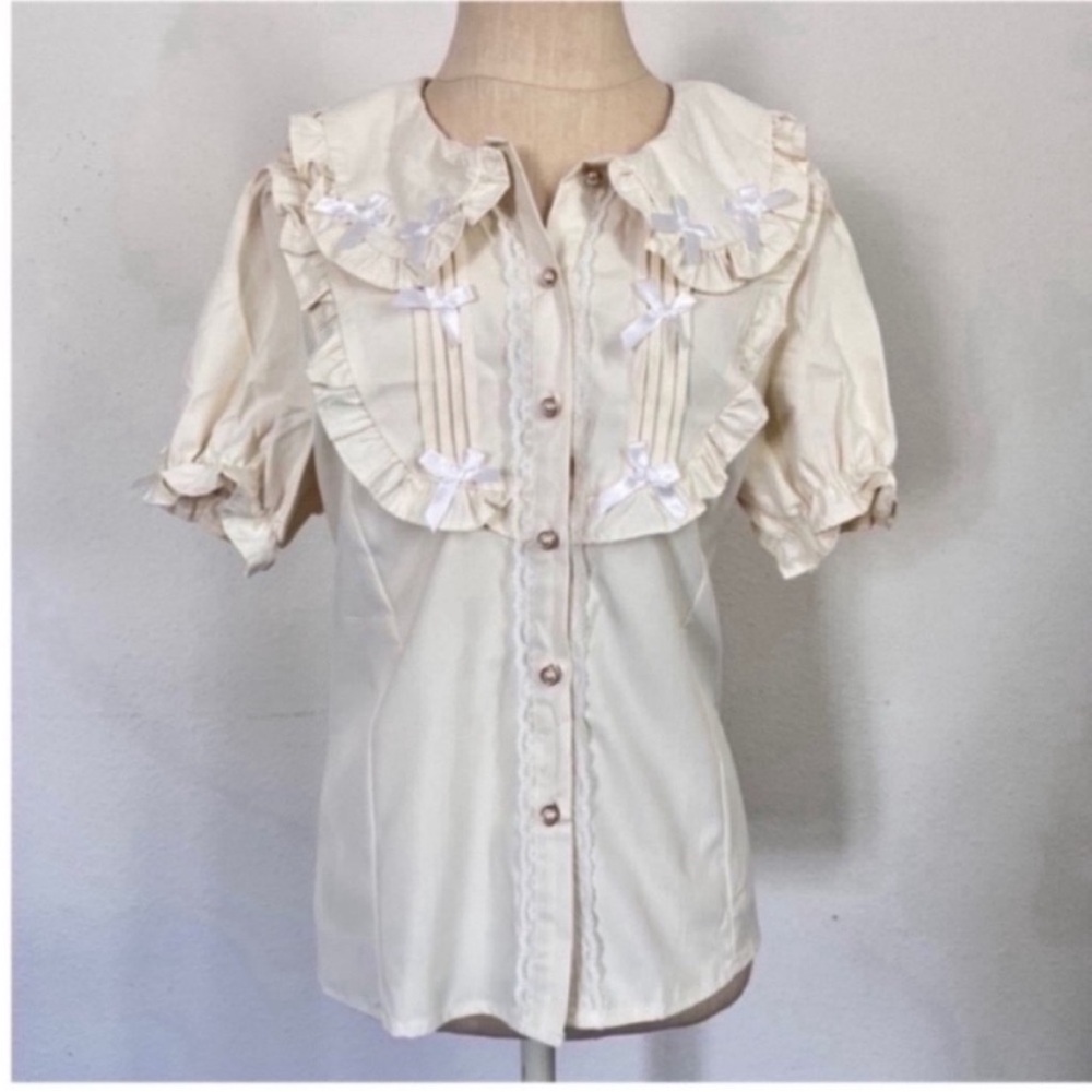 Vintage Cream Ruffled Blouse with Bow Details